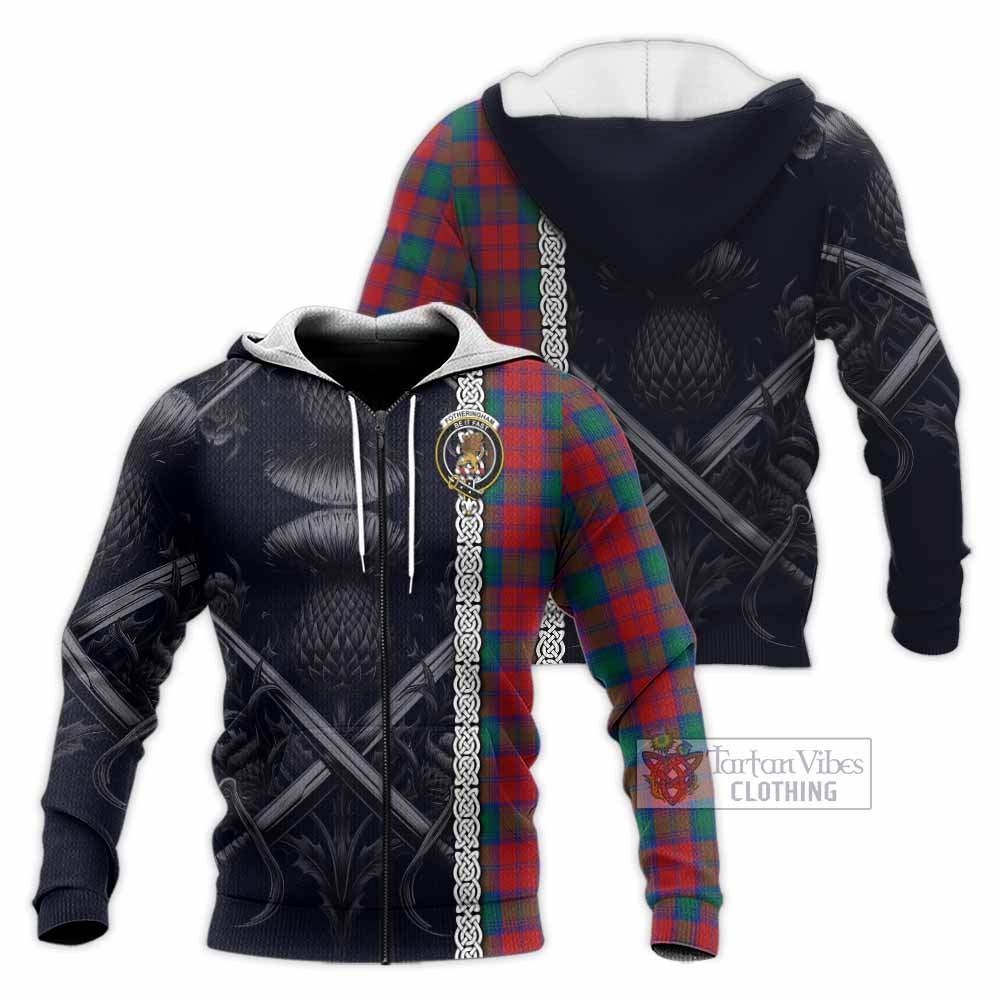 Tartan Vibes Clothing Fotheringham (Fotheringhame) Tartan Knitted Hoodie with Family Crest Cross Sword Thistle Celtic Vibes