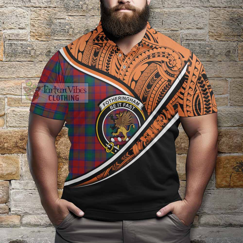 Tartan Vibes Clothing Fotheringham (Fotheringhame) Crest Tartan Polo Shirt with Maori Tattoo Style - Orange Version