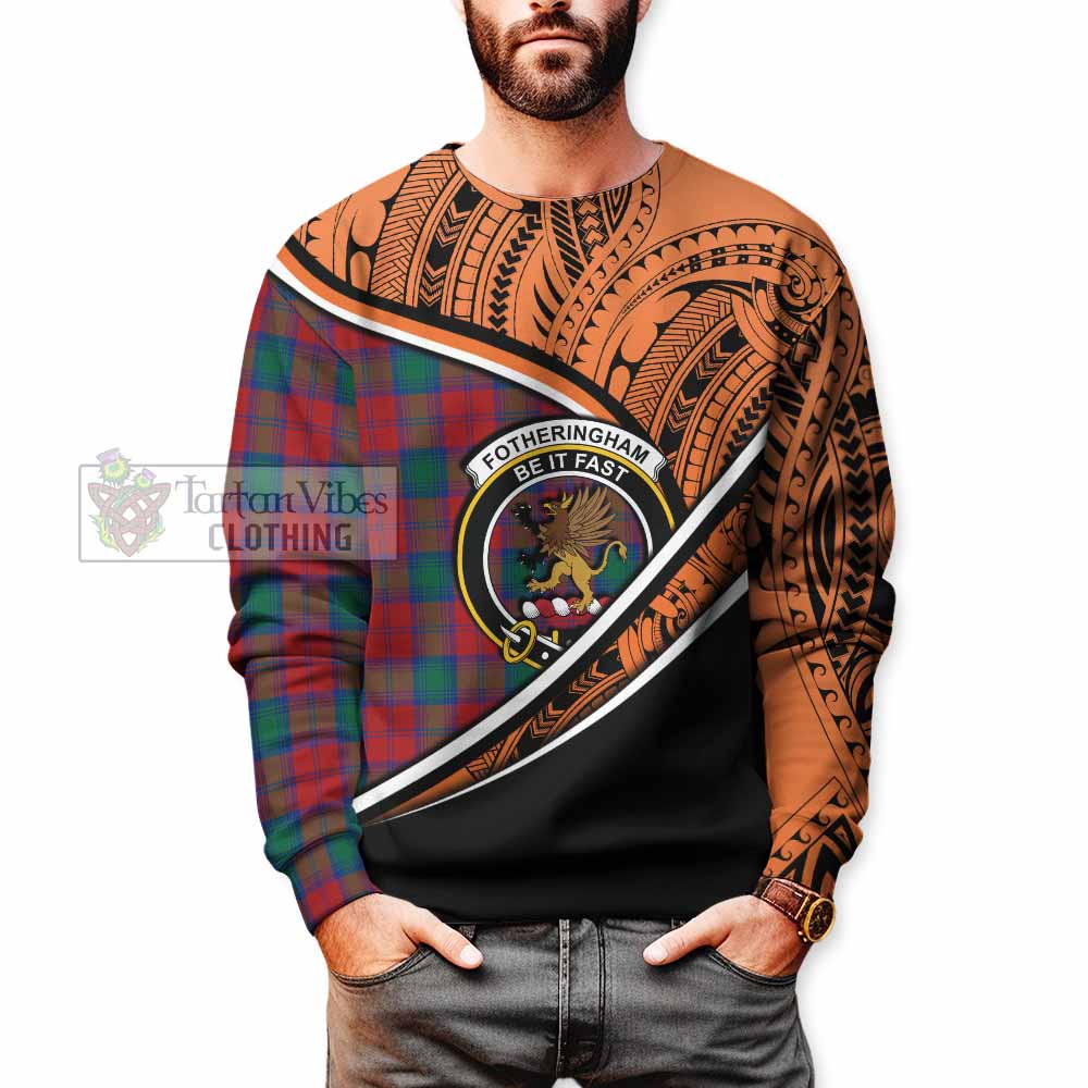 Tartan Vibes Clothing Fotheringham (Fotheringhame) Crest Tartan Sweatshirt with Maori Tattoo Style - Orange Version