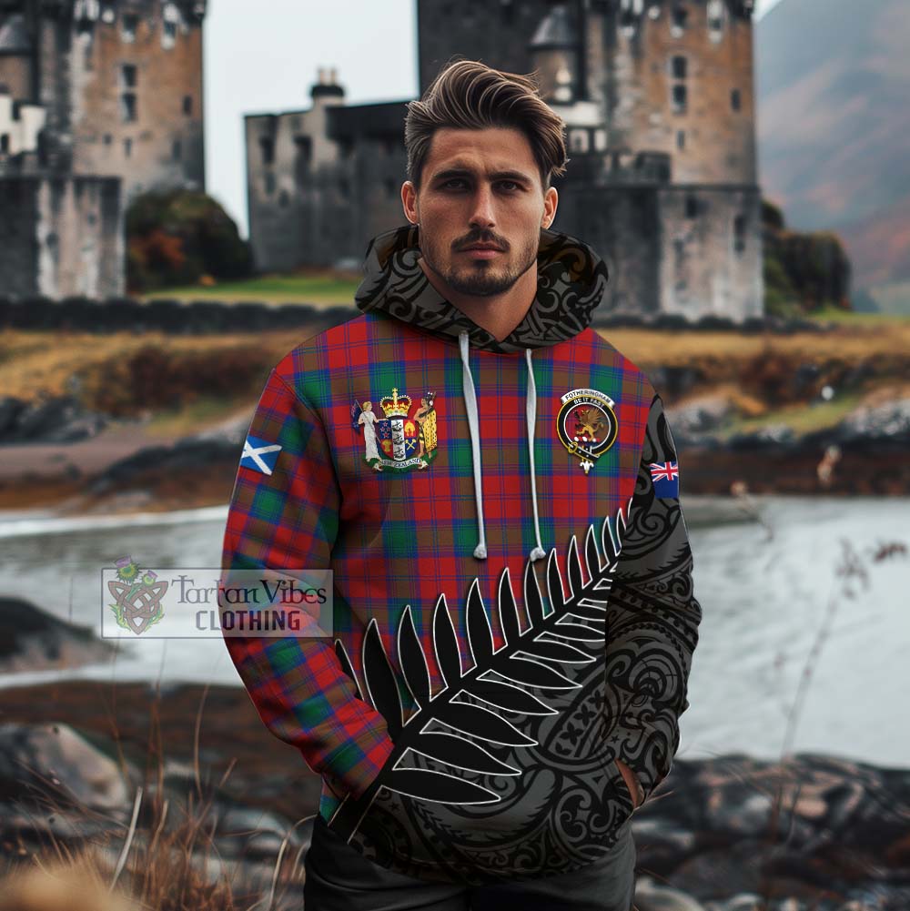 Tartan Vibes Clothing Fotheringham (Fotheringhame) Crest Tartan Cotton Hoodie with New Zealand Silver Fern Half Style