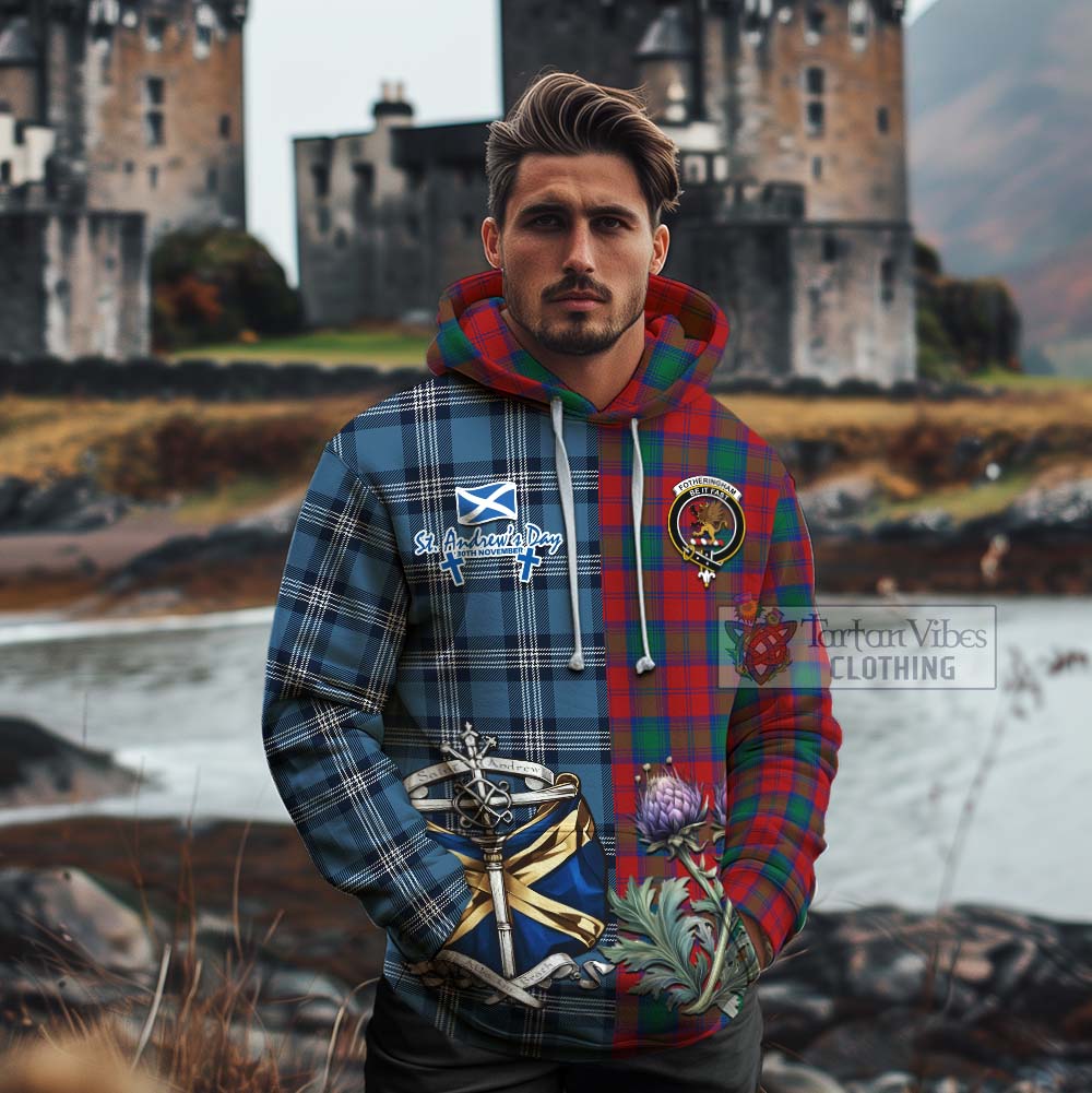 Tartan Vibes Clothing Fotheringham (Fotheringhame) Tartan Cotton Hoodie Happy St. Andrew's Day Half Tartan Style