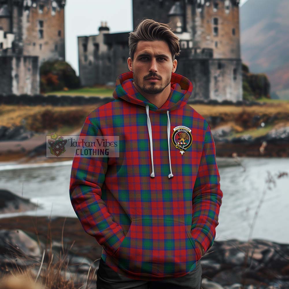 Tartan Vibes Clothing Fotheringham (Fotheringhame) Tartan Cotton Hoodie with Family Crest and Bearded Skull Holding Bottles of Whiskey