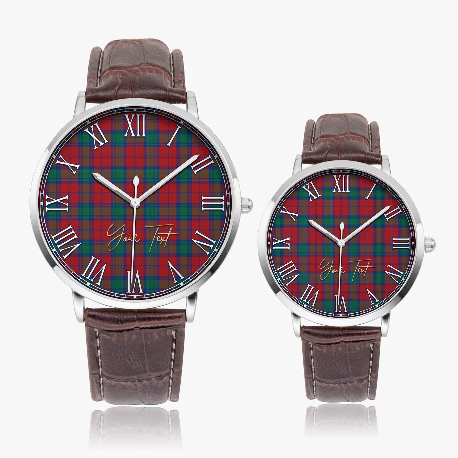 Fotheringham Modern Tartan Personalized Your Text Leather Trap Quartz Watch Ultra Thin Silver Case With Brown Leather Strap - Tartanvibesclothing