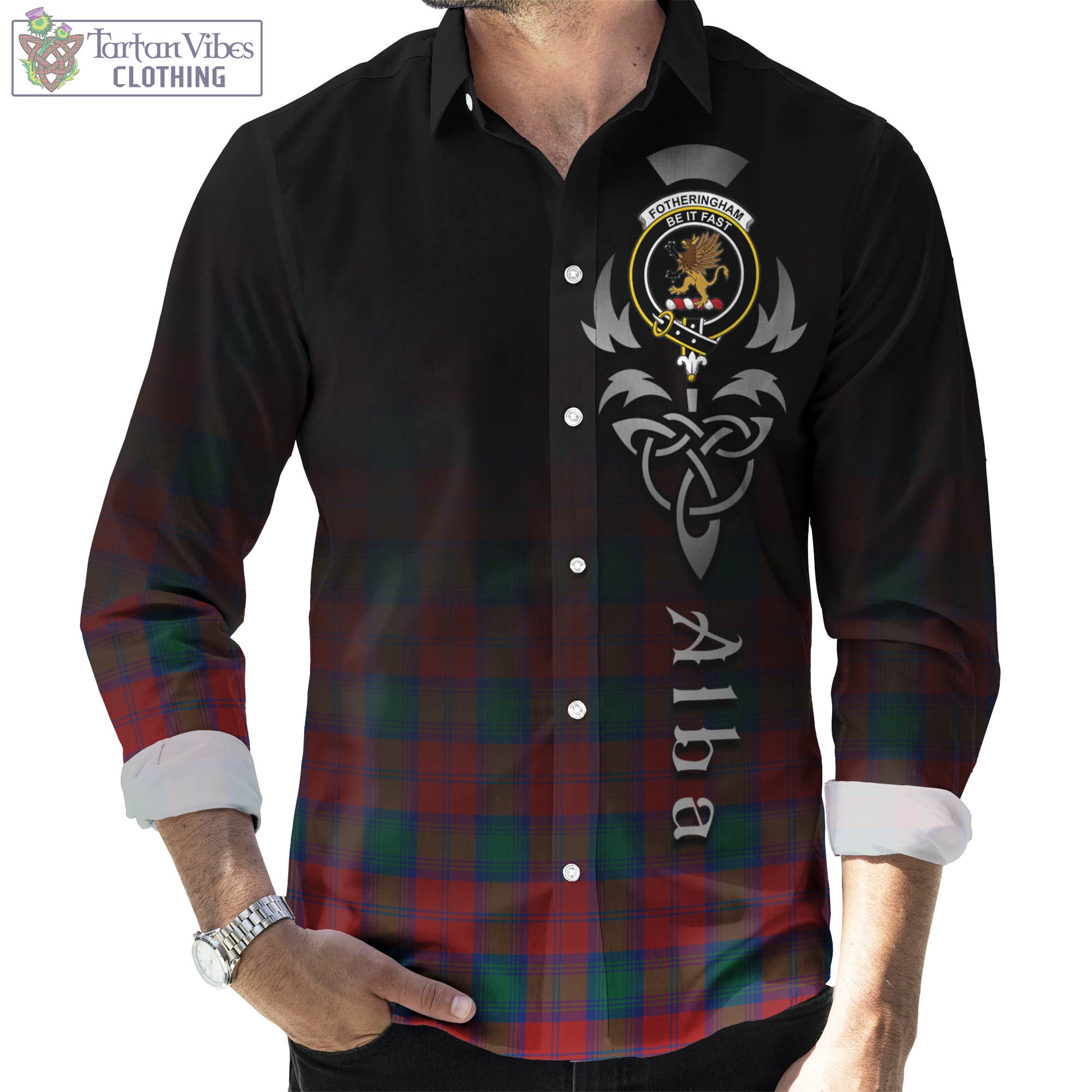 Tartan Vibes Clothing Fotheringham Modern Tartan Long Sleeve Button Up Featuring Alba Gu Brath Family Crest Celtic Inspired