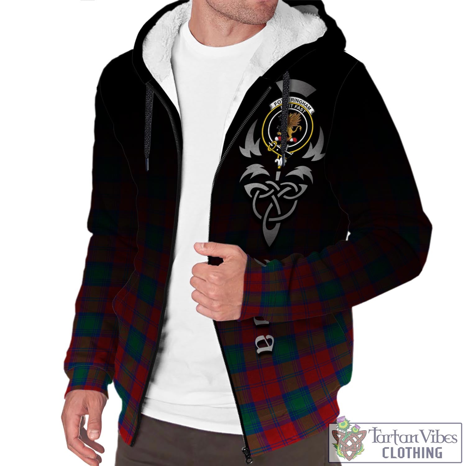 Tartan Vibes Clothing Fotheringham Modern Tartan Sherpa Hoodie Featuring Alba Gu Brath Family Crest Celtic Inspired