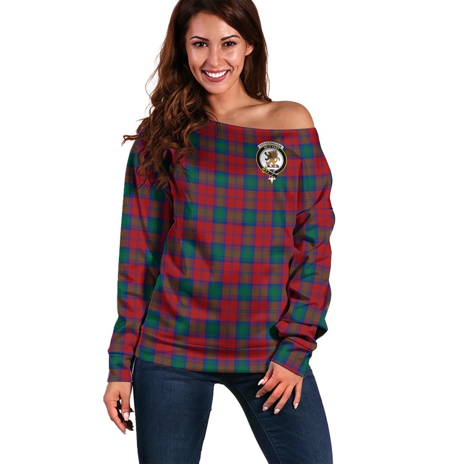 Fotheringham Modern Tartan Off Shoulder Women Sweater with Family Crest Women - Tartanvibesclothing