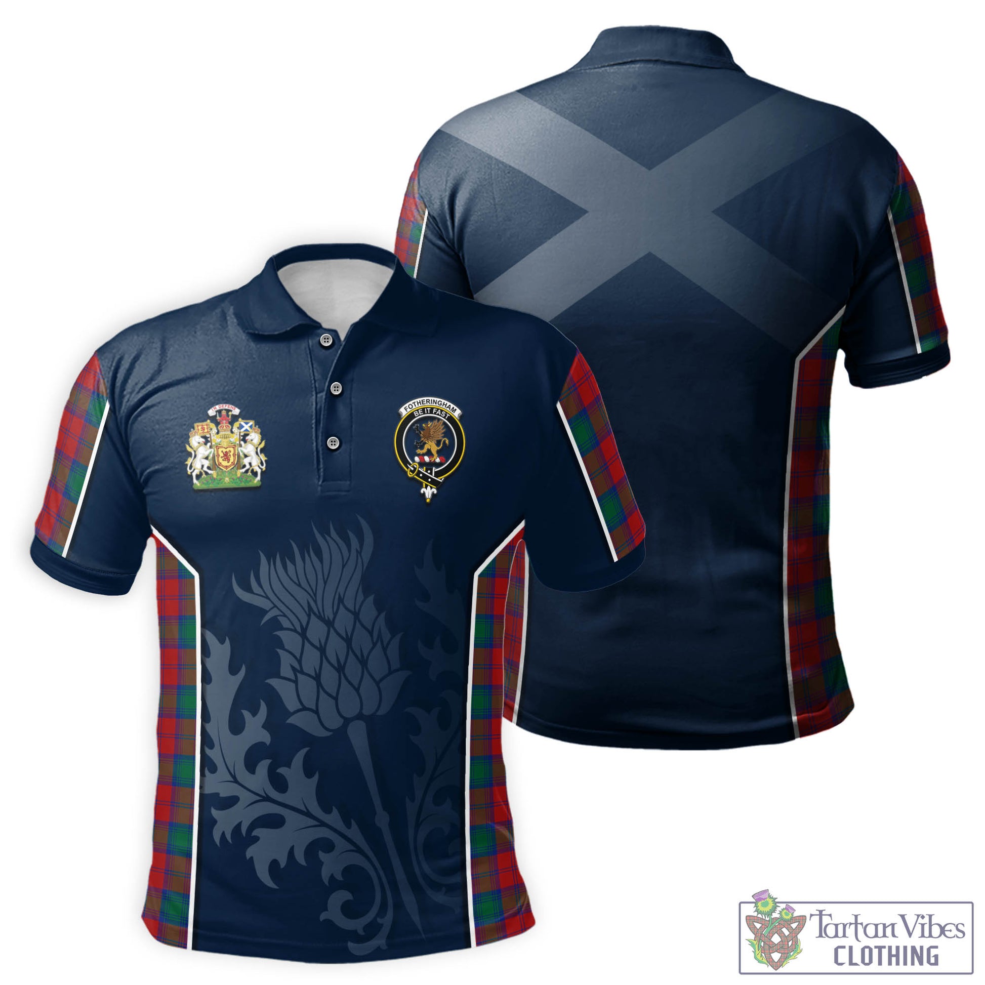 Tartan Vibes Clothing Fotheringham Modern Tartan Men's Polo Shirt with Family Crest and Scottish Thistle Vibes Sport Style