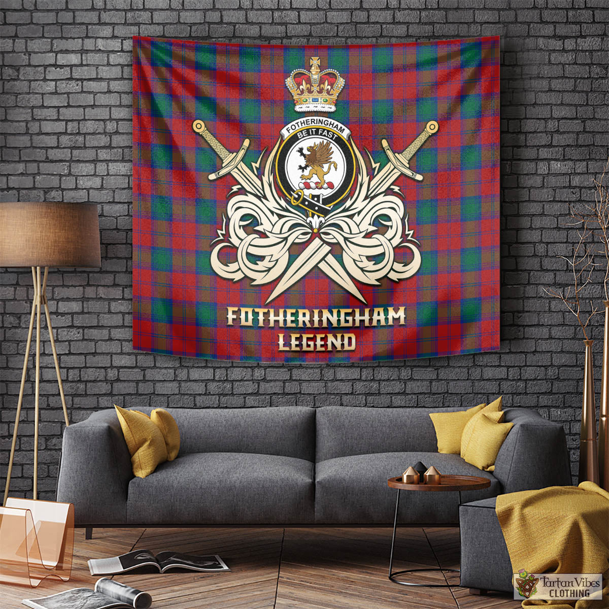 Tartan Vibes Clothing Fotheringham Modern Tartan Tapestry with Clan Crest and the Golden Sword of Courageous Legacy