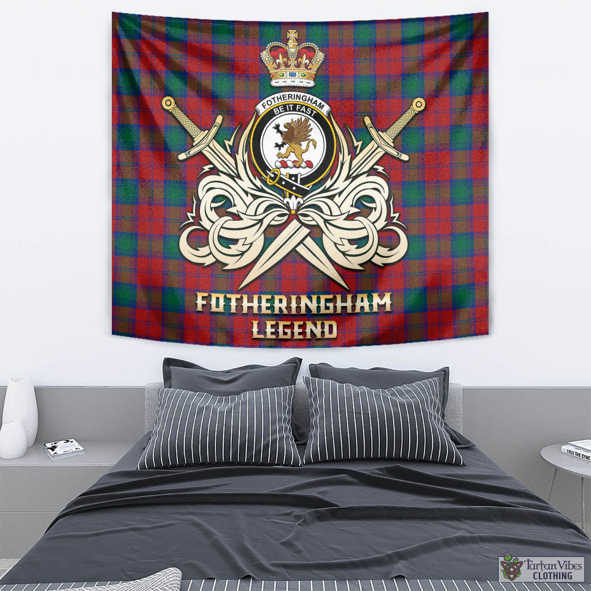 Tartan Vibes Clothing Fotheringham Modern Tartan Tapestry with Clan Crest and the Golden Sword of Courageous Legacy