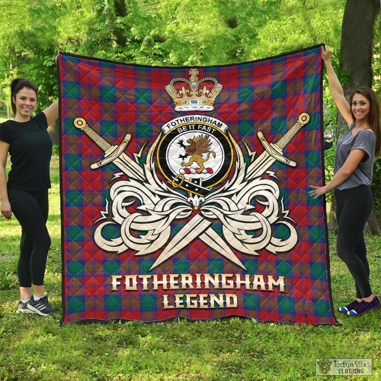 Tartan Vibes Clothing Fotheringham Modern Tartan Quilt with Clan Crest and the Golden Sword of Courageous Legacy