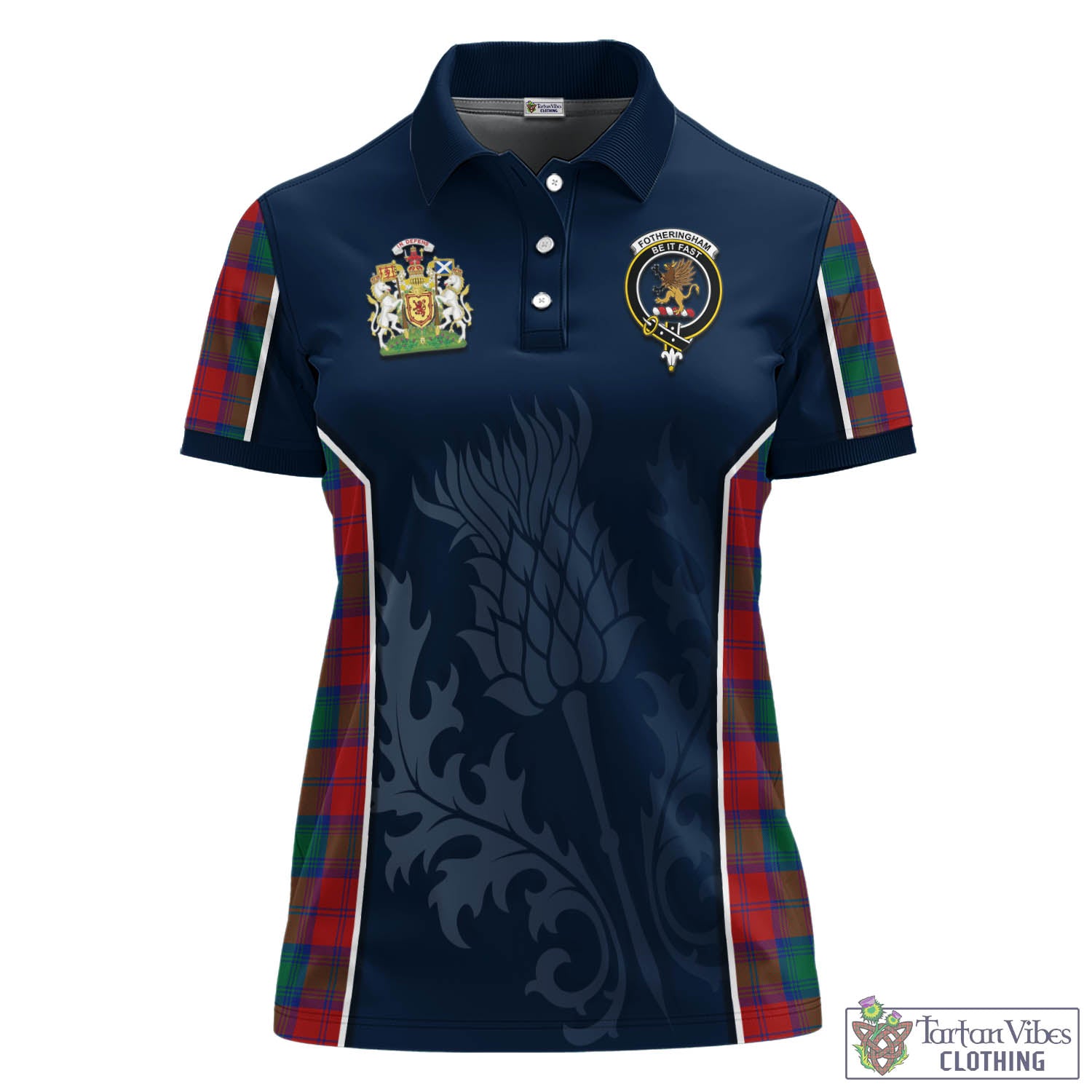 Tartan Vibes Clothing Fotheringham Modern Tartan Women's Polo Shirt with Family Crest and Scottish Thistle Vibes Sport Style