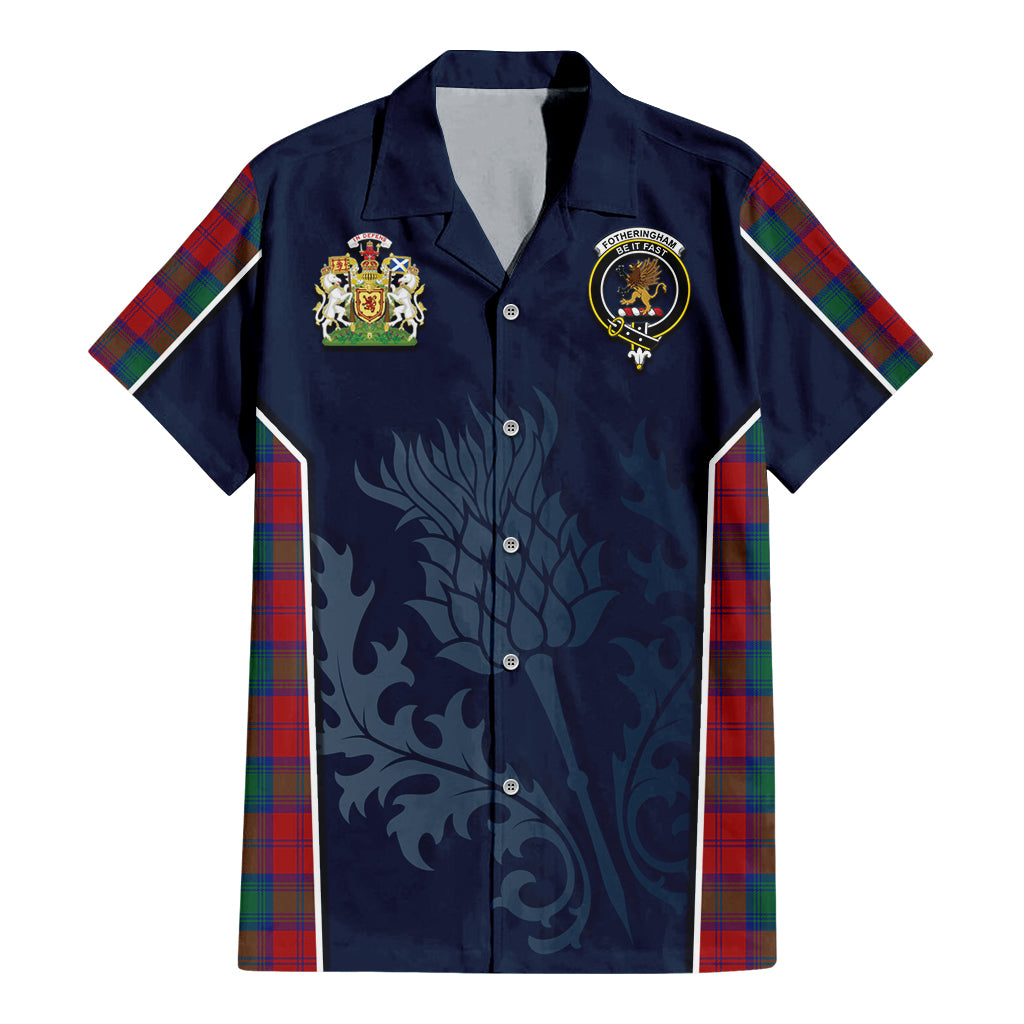 Tartan Vibes Clothing Fotheringham Modern Tartan Short Sleeve Button Up Shirt with Family Crest and Scottish Thistle Vibes Sport Style