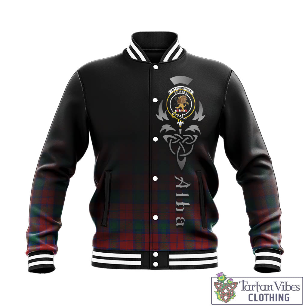 Tartan Vibes Clothing Fotheringham Modern Tartan Baseball Jacket Featuring Alba Gu Brath Family Crest Celtic Inspired