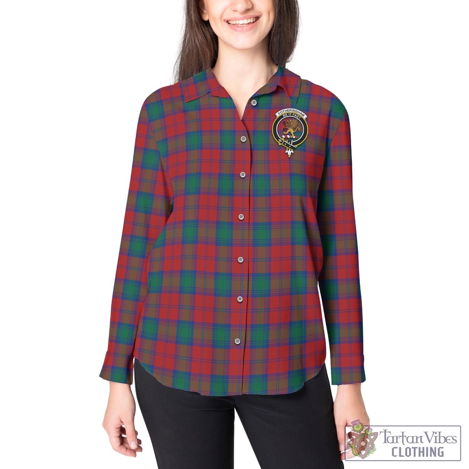 Tartan Vibes Clothing Fotheringham Modern Tartan Womens Casual Shirt with Family Crest