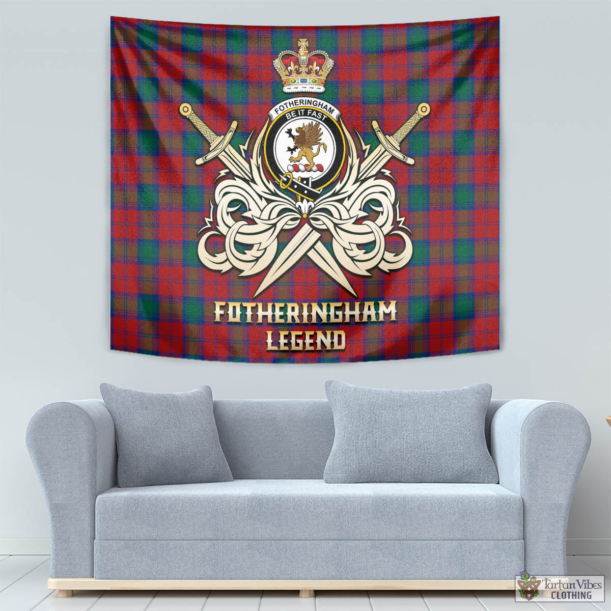 Tartan Vibes Clothing Fotheringham Modern Tartan Tapestry with Clan Crest and the Golden Sword of Courageous Legacy