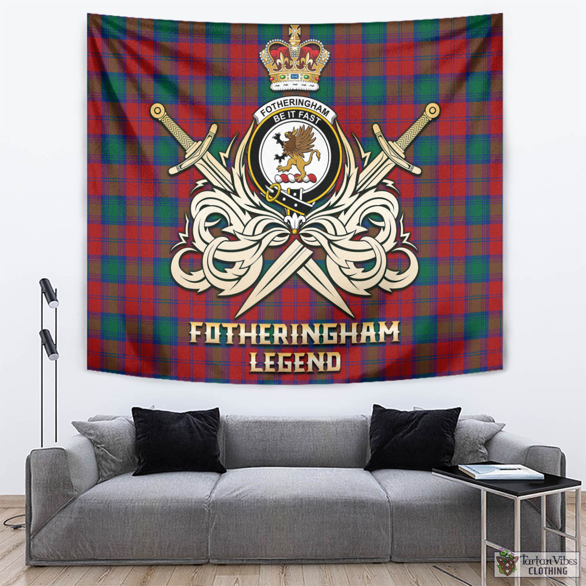 Tartan Vibes Clothing Fotheringham Modern Tartan Tapestry with Clan Crest and the Golden Sword of Courageous Legacy