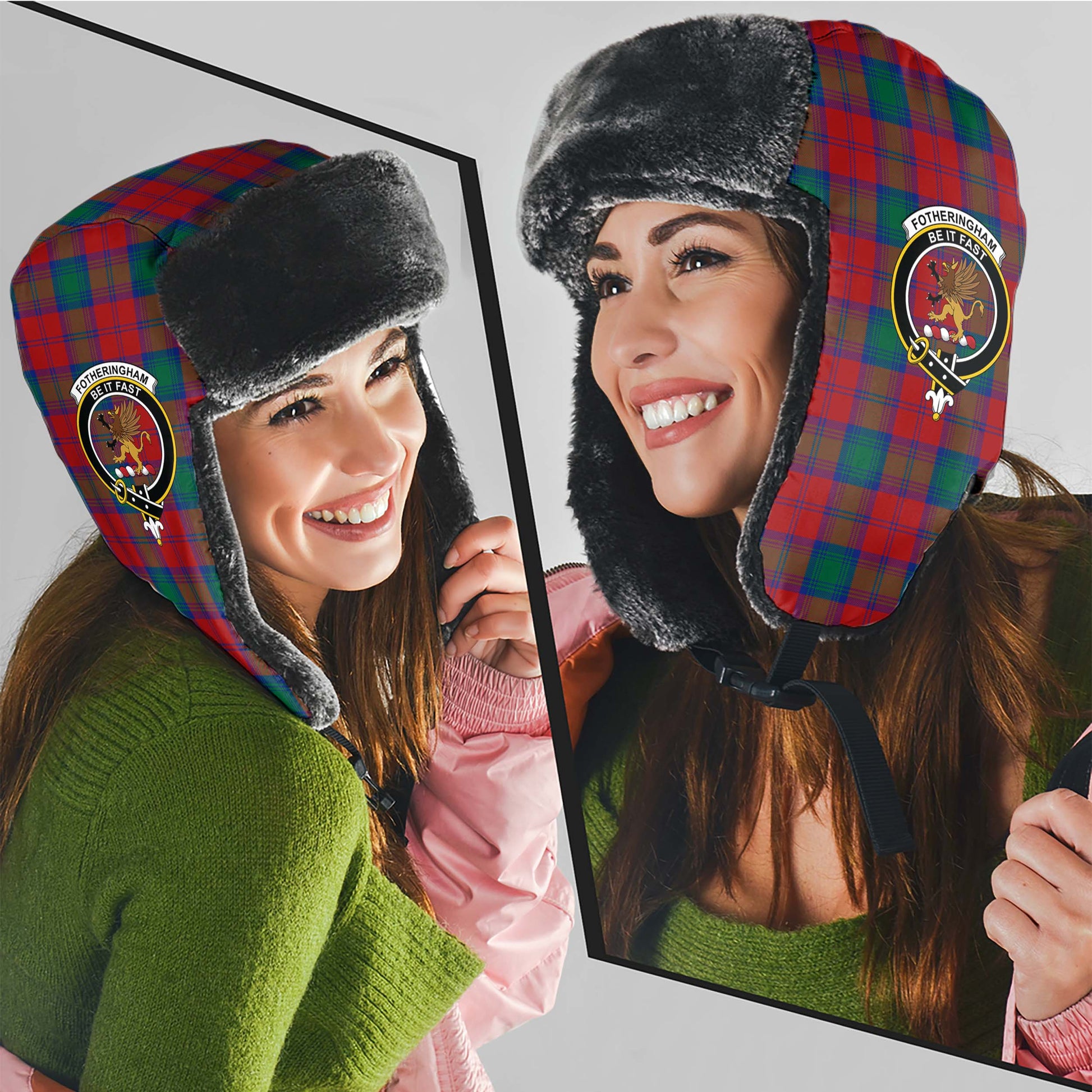 Fotheringham Modern Tartan Winter Trapper Hat with Family Crest - Tartanvibesclothing