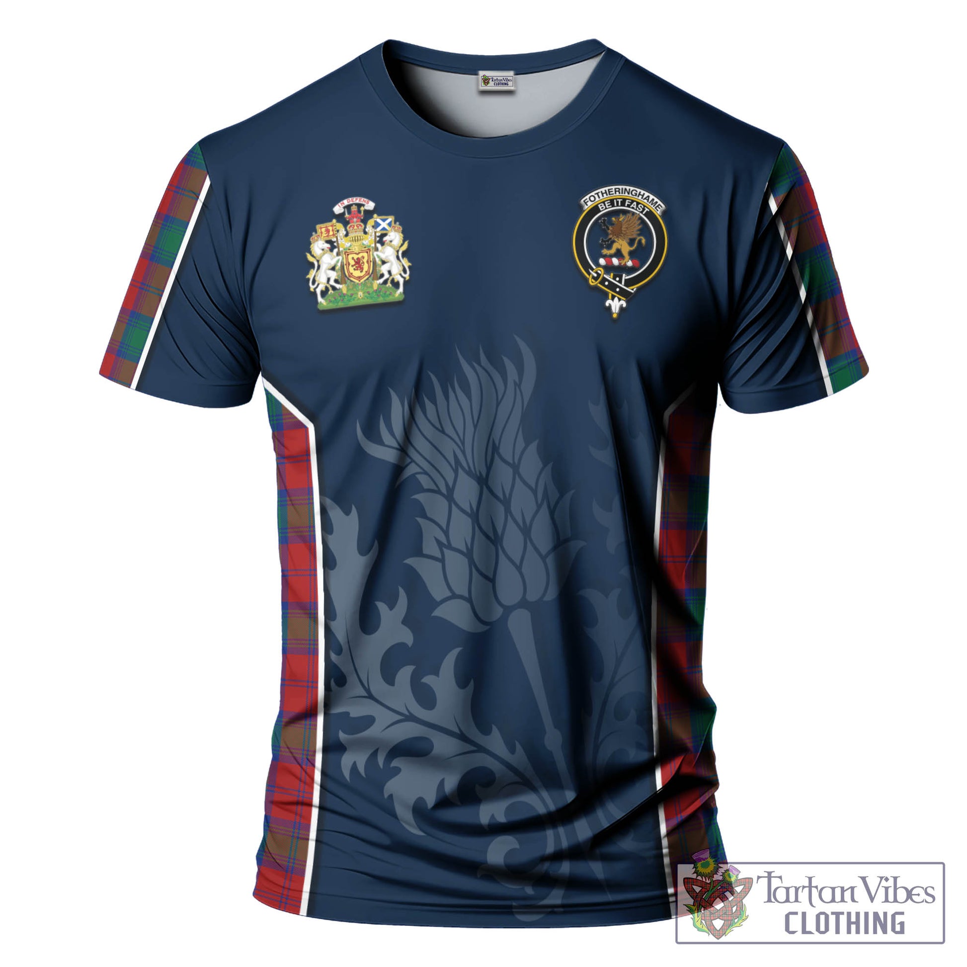 Tartan Vibes Clothing Fotheringhame Tartan T-Shirt with Family Crest and Scottish Thistle Vibes Sport Style