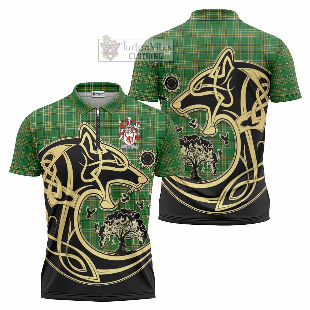 Fox Irish Tartan Zipper Polo Shirt with Coat of Arms Celtic Wolf Style - Tartan Vibes Clothing