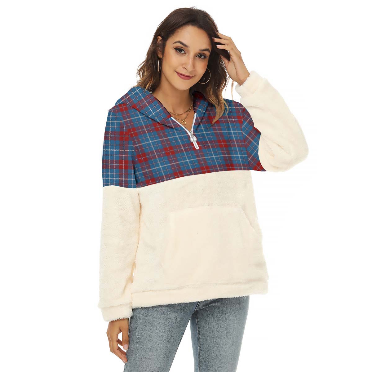 Frame Tartan Half Style Women's Borg Fleece Hoodie with Half Zip Female - Tartan Vibes Clothing