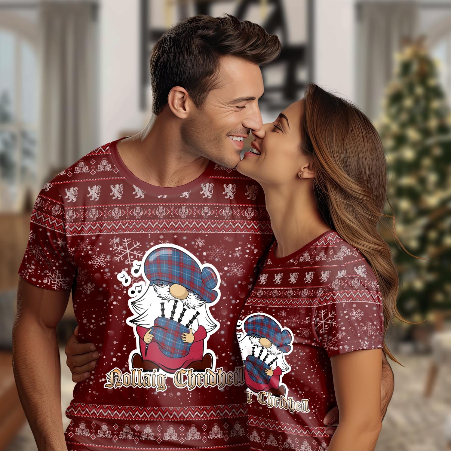 Frame Clan Christmas Family T-Shirt with Funny Gnome Playing Bagpipes Women's Shirt Red - Tartanvibesclothing