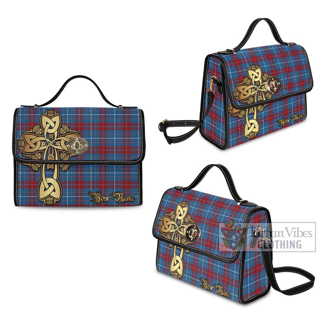 Tartan Vibes Clothing Frame Tartan Waterproof Canvas Bag Golden Thistle Celtic Cross Style