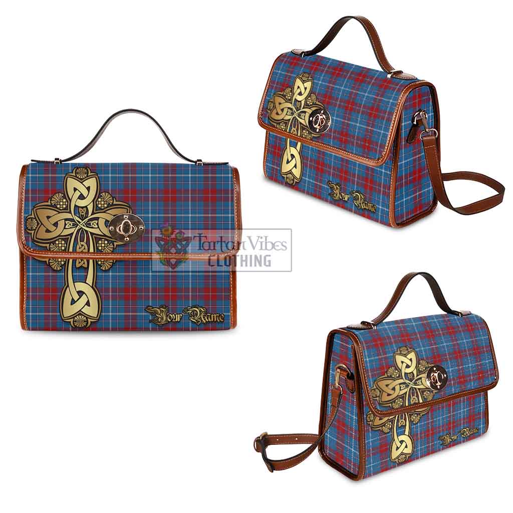 Tartan Vibes Clothing Frame Tartan Waterproof Canvas Bag Golden Thistle Celtic Cross Style