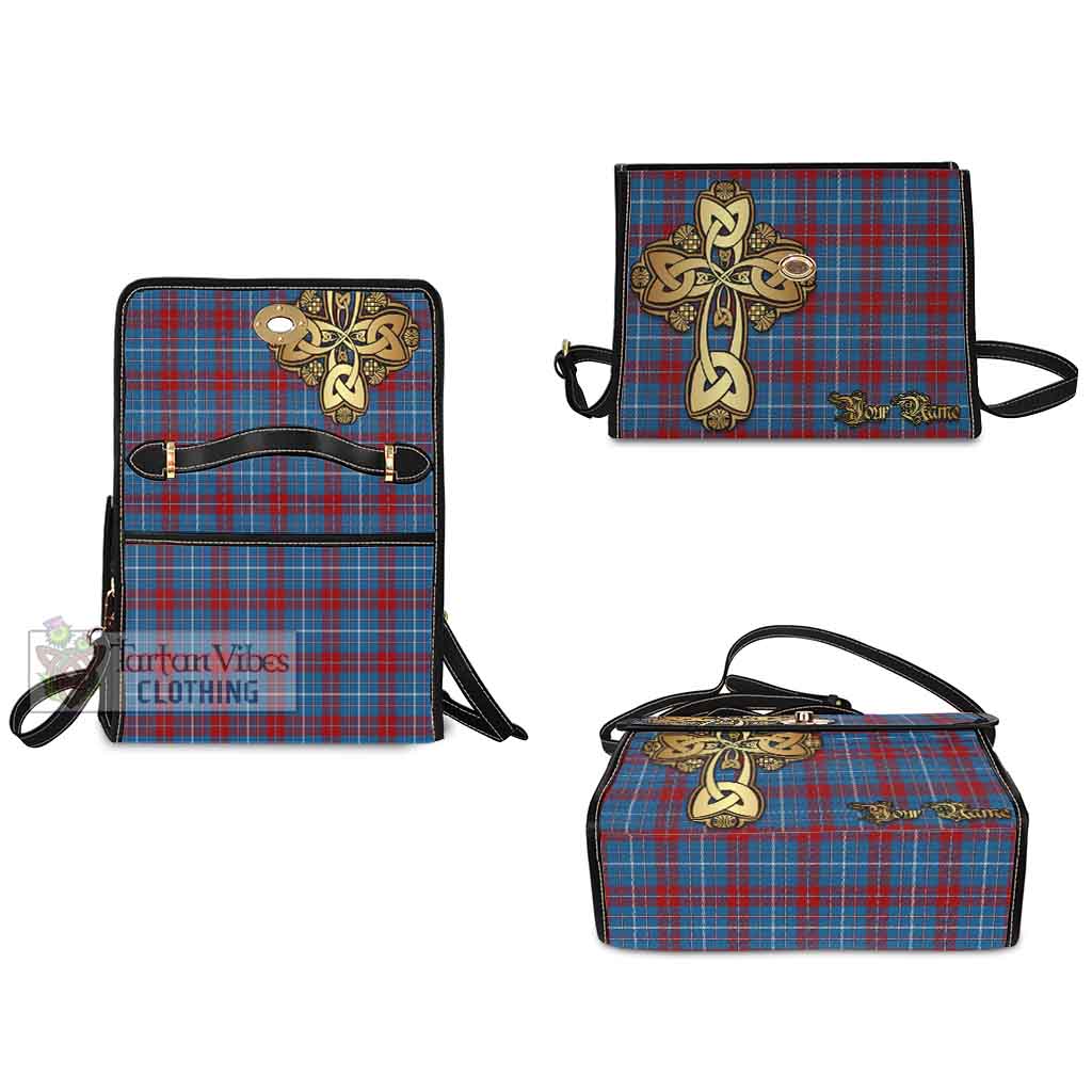 Tartan Vibes Clothing Frame Tartan Waterproof Canvas Bag Golden Thistle Celtic Cross Style