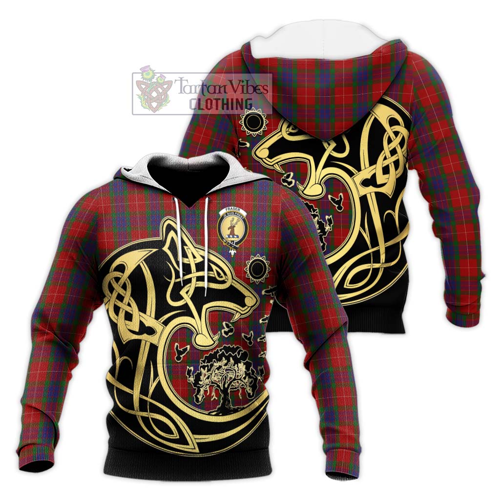 Tartan Vibes Clothing Fraser Tartan Knitted Hoodie with Family Crest Celtic Wolf Style