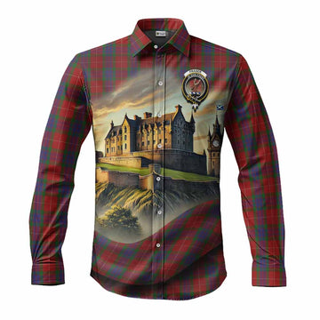 Fraser Tartan Family Crest Long Sleeve Button Shirt with Scottish Ancient Castle Style Men's Shirt S - Tartan Vibes Clothing
