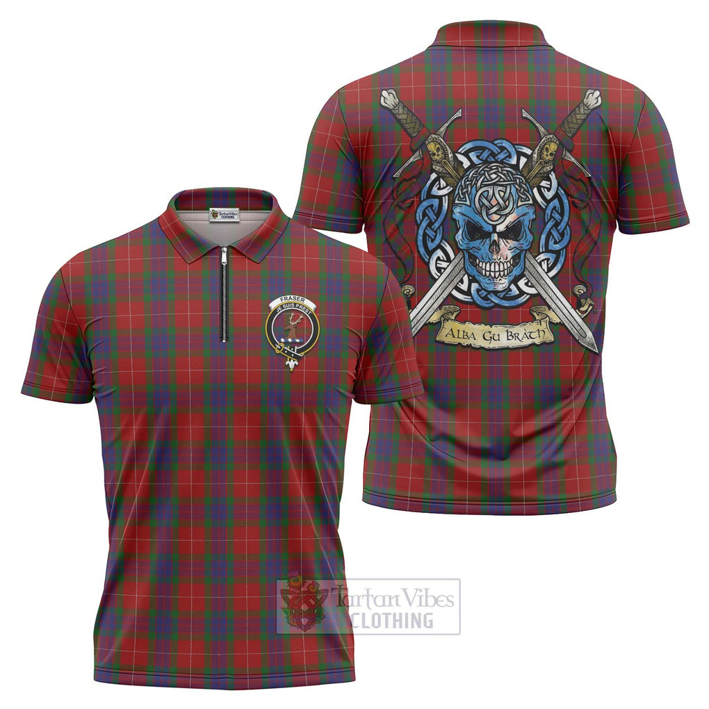 Tartan Vibes Clothing Fraser Tartan Zipper Polo Shirt with Family Crest Celtic Skull Style