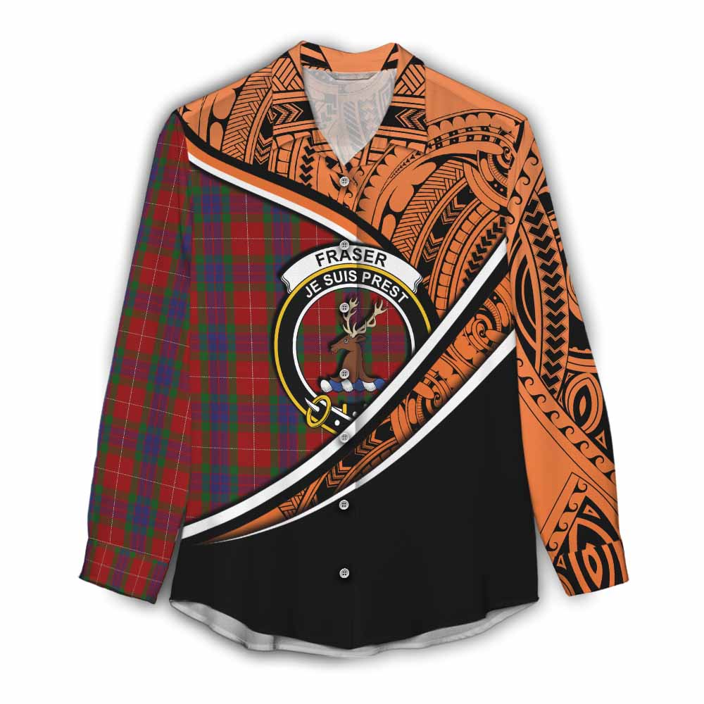 Tartan Vibes Clothing Fraser Crest Tartan Women's Casual Shirt with Maori Tattoo Style - Orange Version