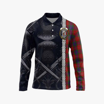 Fraser Tartan Long Sleeve Polo Shirt with Family Crest Cross Sword Thistle Celtic Vibes