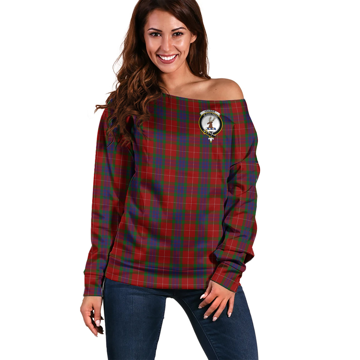 Fraser Tartan Off Shoulder Women Sweater with Family Crest Women - Tartan Vibes Clothing