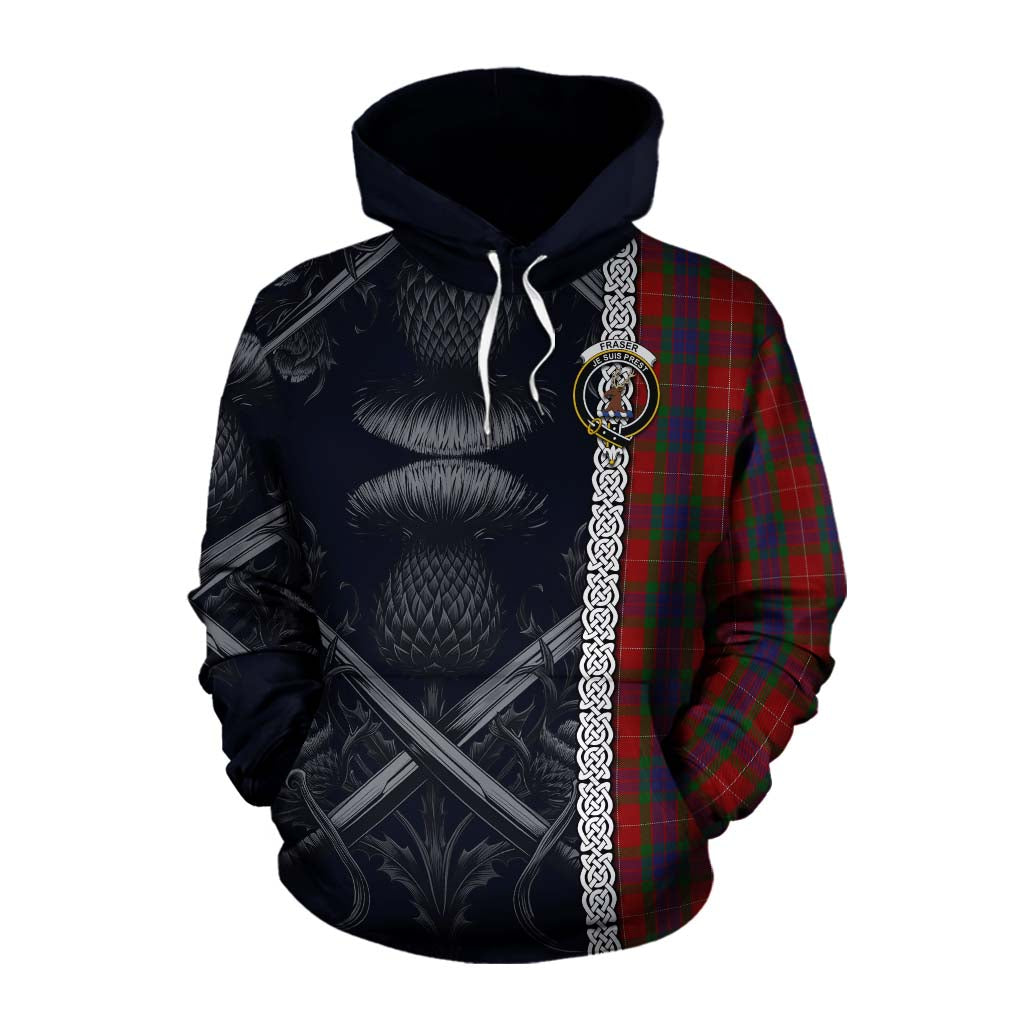 Tartan Vibes Clothing Fraser Tartan Cotton Hoodie with Family Crest Cross Sword Thistle Celtic Vibes