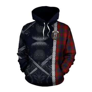 Fraser Tartan Cotton Hoodie with Family Crest Cross Sword Thistle Celtic Vibes