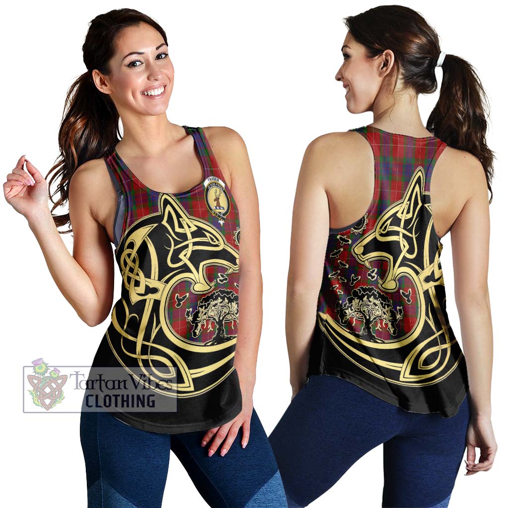 Fraser Tartan Women's Racerback Tanks with Family Crest Celtic Wolf Style 4XL - Tartan Vibes Clothing