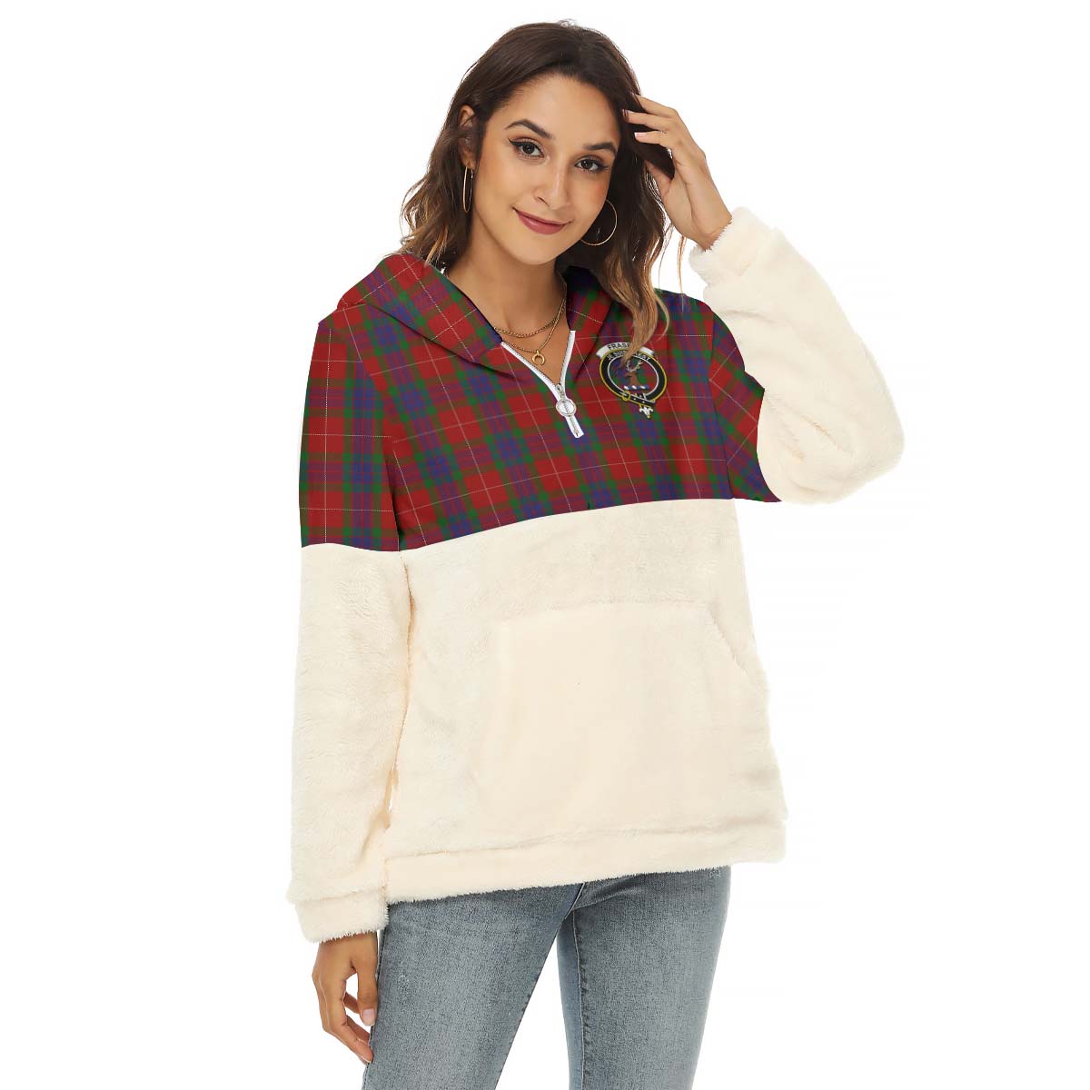 Fraser Tartan Women's Borg Fleece Hoodie With Half Zip with Family Crest Female - Tartan Vibes Clothing