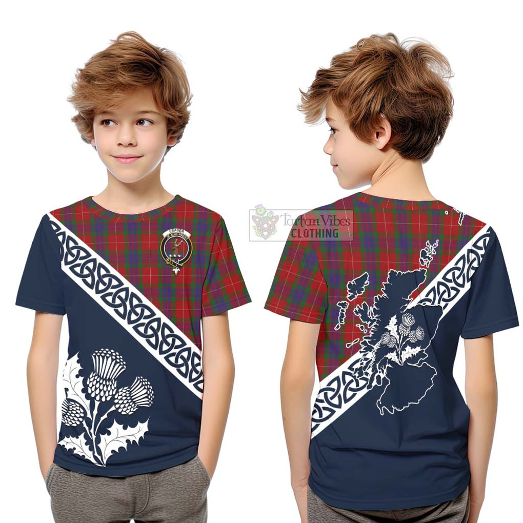 Tartan Vibes Clothing Fraser Tartan Kid T-Shirt Featuring Thistle and Scotland Map