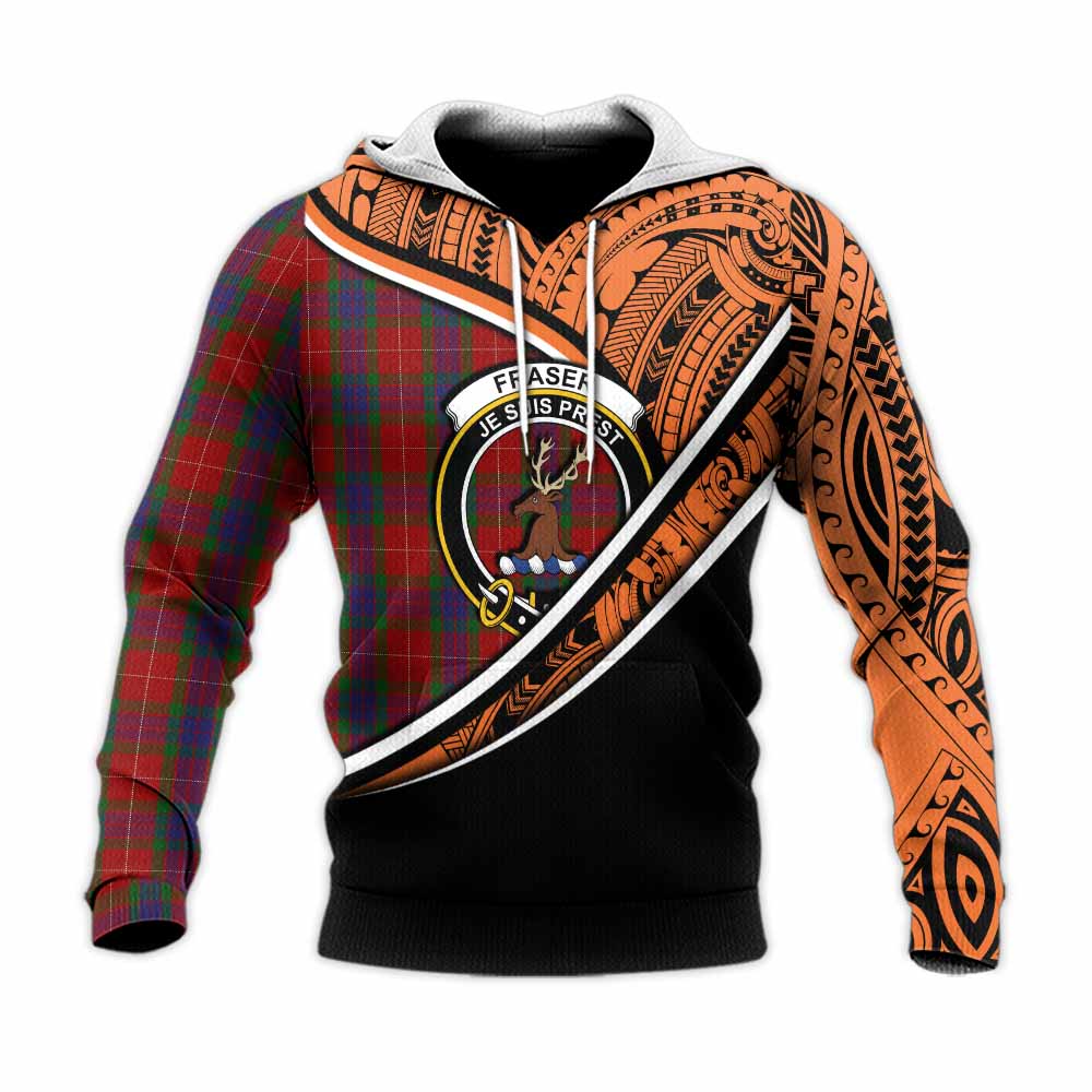 Tartan Vibes Clothing Fraser Crest Tartan Knitted Hoodie with Maori Tattoo Style - Orange Version