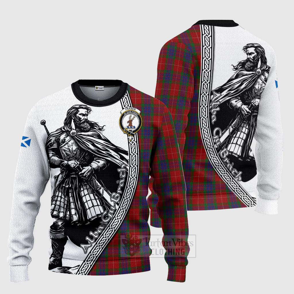 Tartan Vibes Clothing Fraser Tartan Clan Crest Knitted Sweater with Highlander Warrior Celtic Style