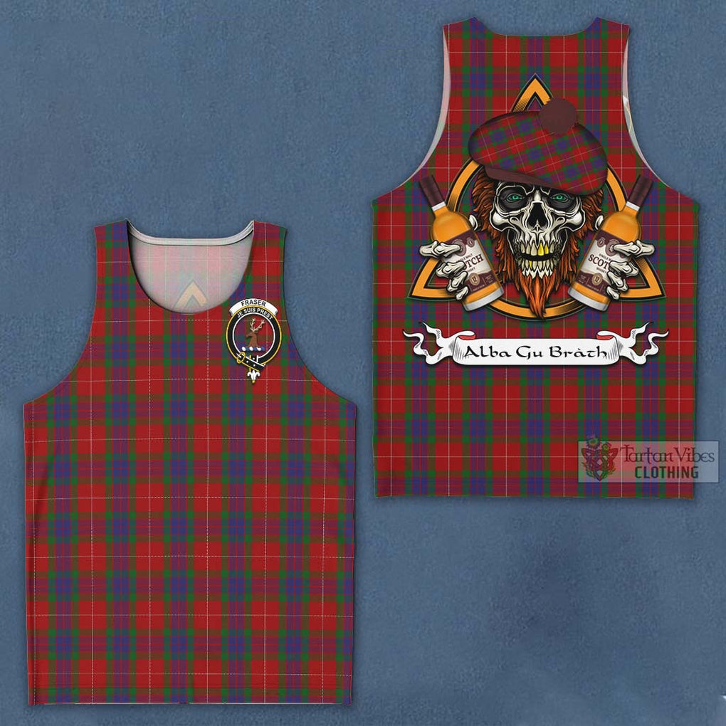 Tartan Vibes Clothing Fraser Tartan Men's Tank Top with Family Crest and Bearded Skull Holding Bottles of Whiskey