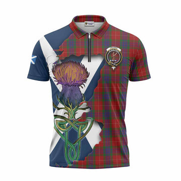 Fraser Tartan Family Crest Zipper Polo Shirt Scottish Thistle Celtic Inspired Unisex - Tartan Vibes Clothing