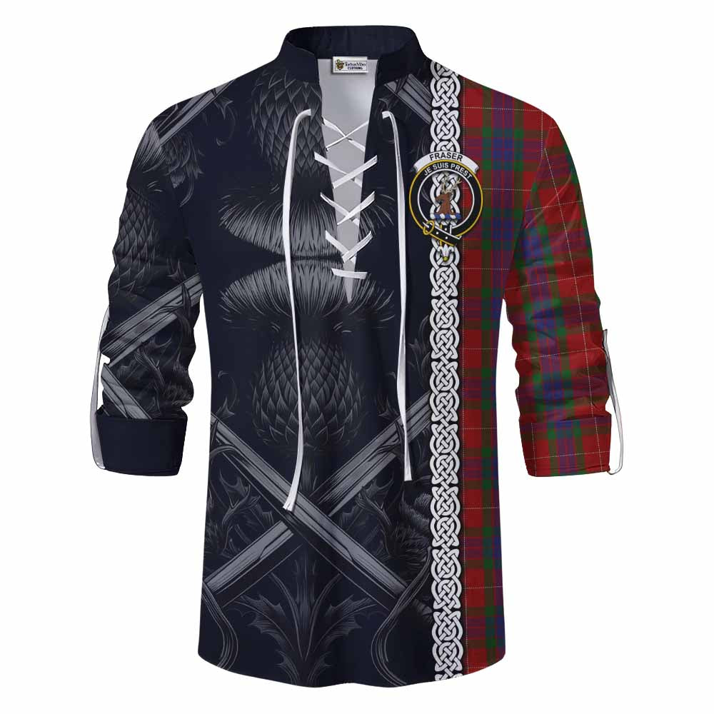 Tartan Vibes Clothing Fraser Tartan Ghillie Kilt Shirt with Family Crest Cross Sword Thistle Celtic Vibes