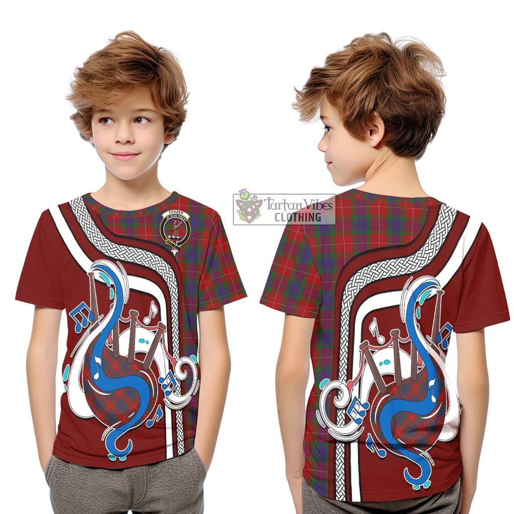 Tartan Vibes Clothing Fraser Tartan Kid T-Shirt with Epic Bagpipe Style