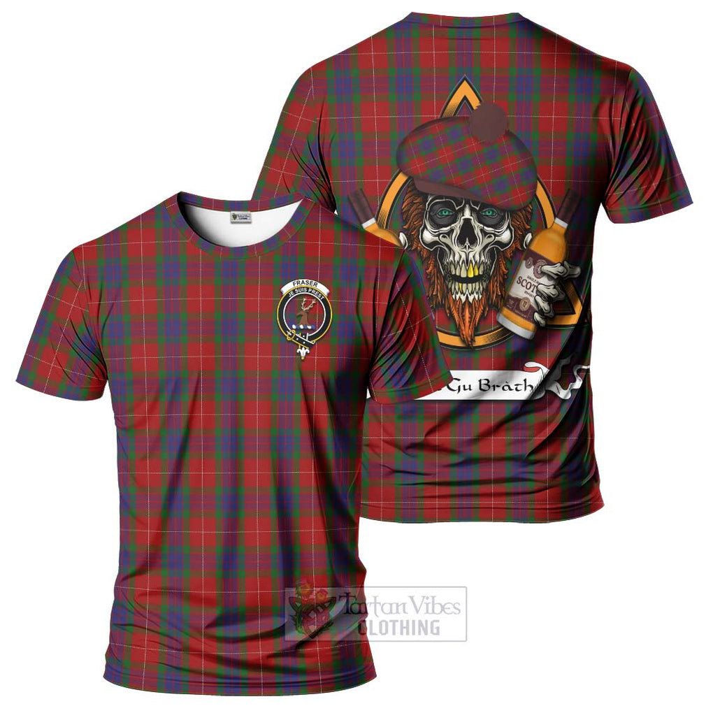 Tartan Vibes Clothing Fraser Tartan T-Shirt with Family Crest and Bearded Skull Holding Bottles of Whiskey