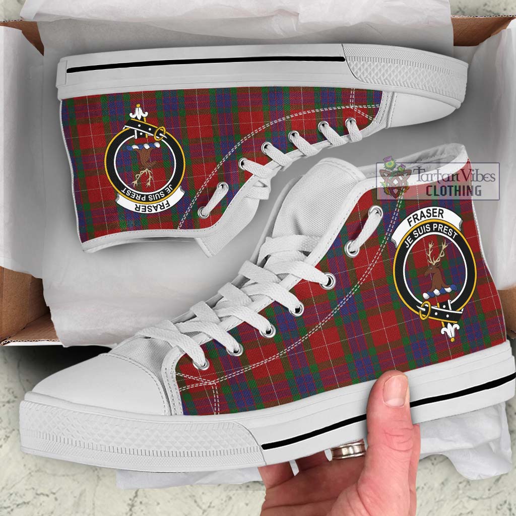 Fraser Tartan High Top Shoes with Family Crest Kid High Top - White Sole - Tartan Vibes Clothing