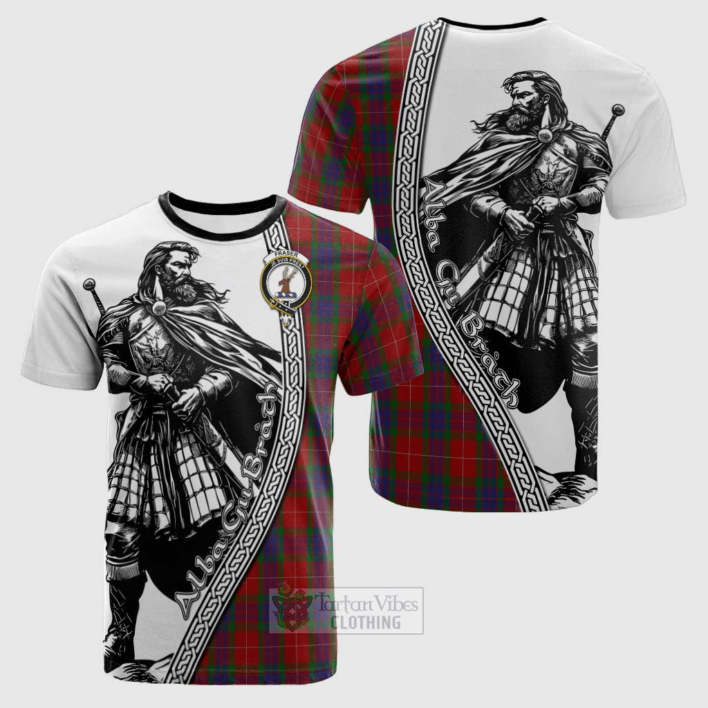 Tartan Vibes Clothing Fraser Tartan Clan Crest Cotton T-shirt with Highlander Warrior Celtic Style