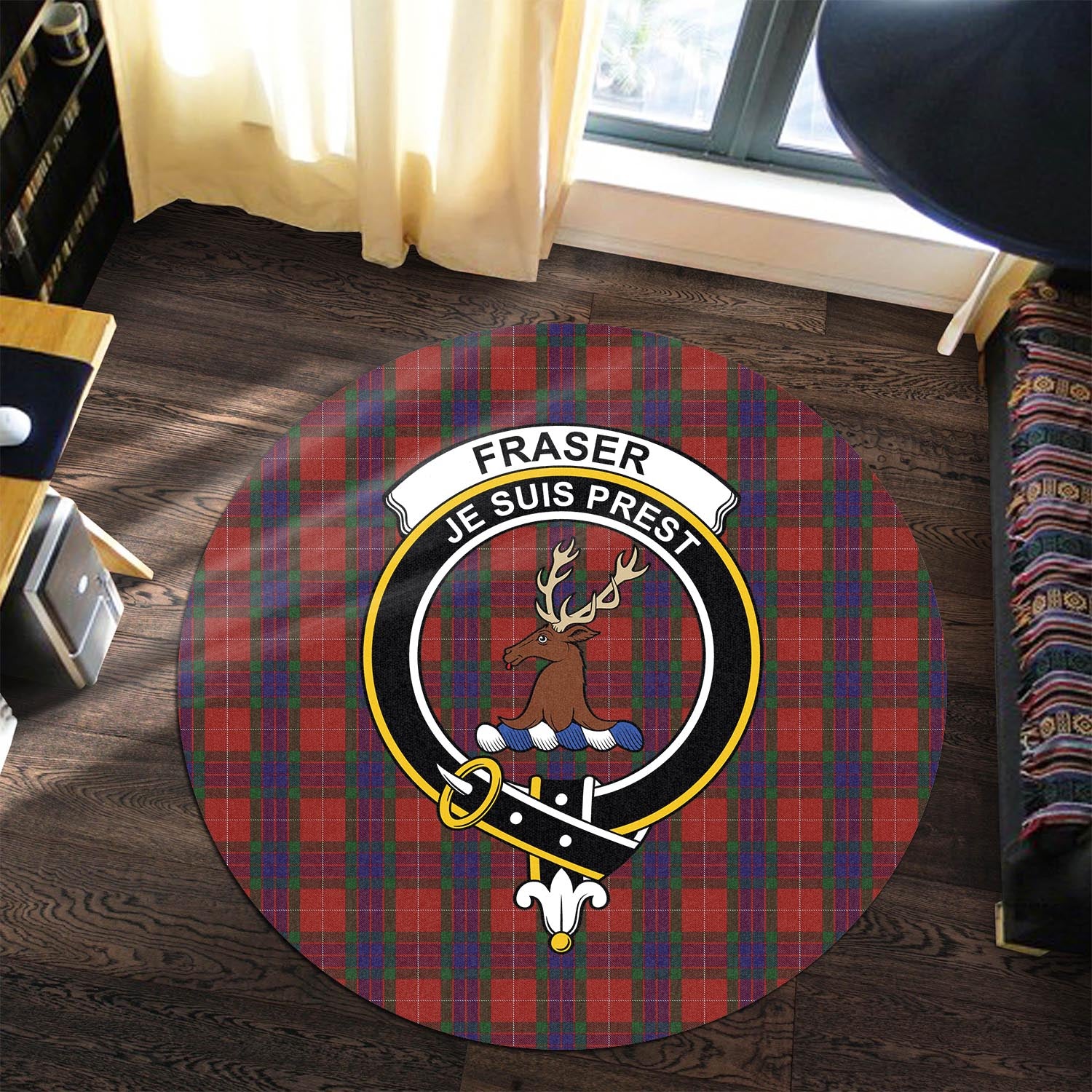 fraser-tartan-round-rug-with-family-crest