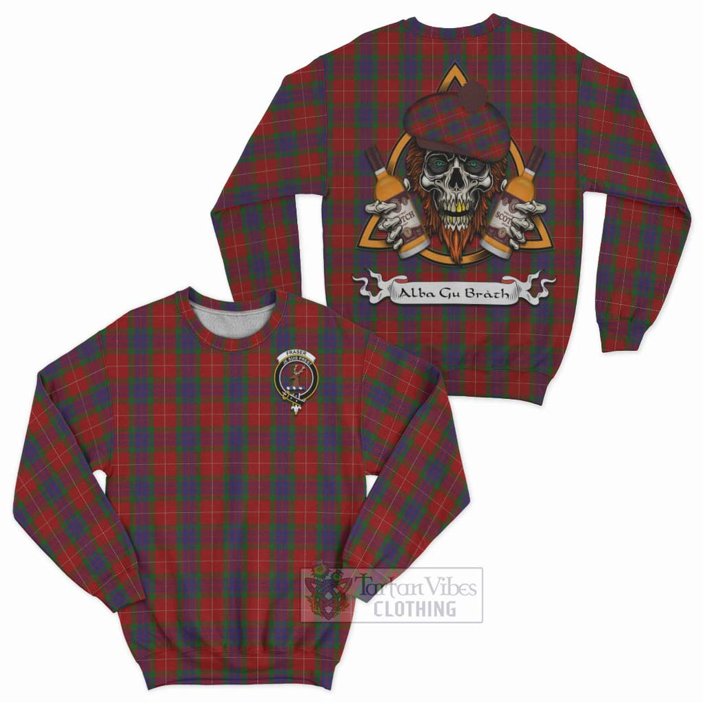 Tartan Vibes Clothing Fraser Tartan Sweatshirt with Family Crest and Bearded Skull Holding Bottles of Whiskey